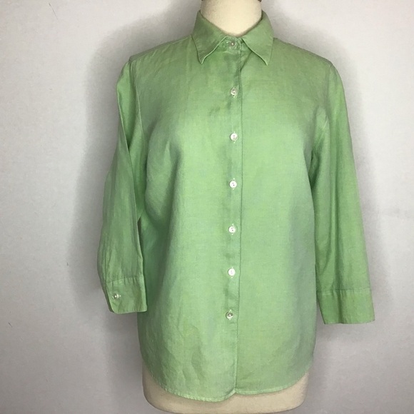 LL Bean 100% linen sherbet green 3/4 sleeve button up pointed collar shirt Med - Picture 1 of 10